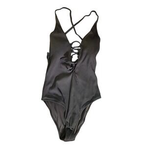 Cupshe‎ Women's Black Ribbed Lace Up One Piece Swimsuit XS NEW